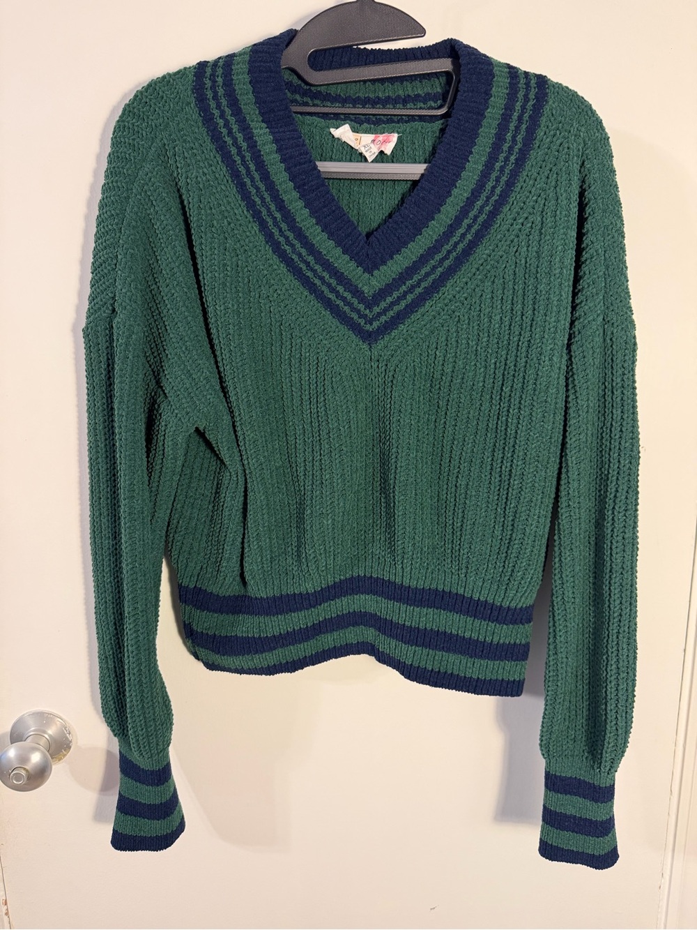 Green V-Neck Sweater with Navy Stripe Trim XL